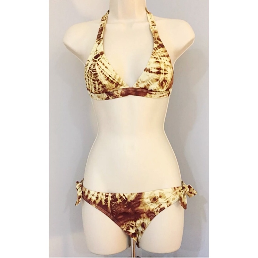 XHILARATION Sz S Halter Tie Dye Bikini Brown Cream